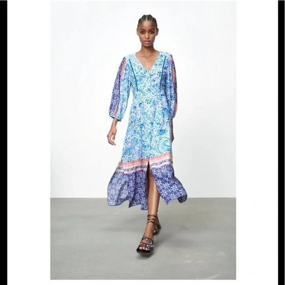 ZARA WOMAN PRINTED TUNIC DRESS Blue / White| 8131/413 geometric print boho - Picture 2 of 14